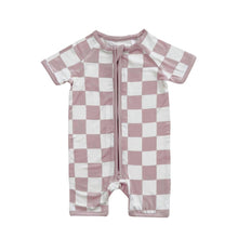 Load image into Gallery viewer, Baby Bamboo Shorty Romper | Latte Checkered