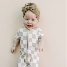 Load image into Gallery viewer, Baby Bamboo Shorty Romper | Latte Checkered