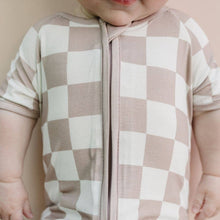 Load image into Gallery viewer, Baby Bamboo Shorty Romper | Latte Checkered