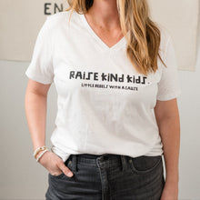 Load image into Gallery viewer, Raise Kind Kids. Women's V-neck Tee ~ white
