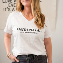 Load image into Gallery viewer, Raise Kind Kids. Women's V-neck Tee ~ white