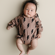 Load image into Gallery viewer, Hooded Bubble Romper  | Mocha Bolts