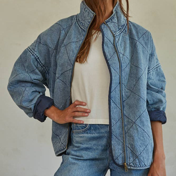 Quilted Denim Cotton Medium Washed Jacket